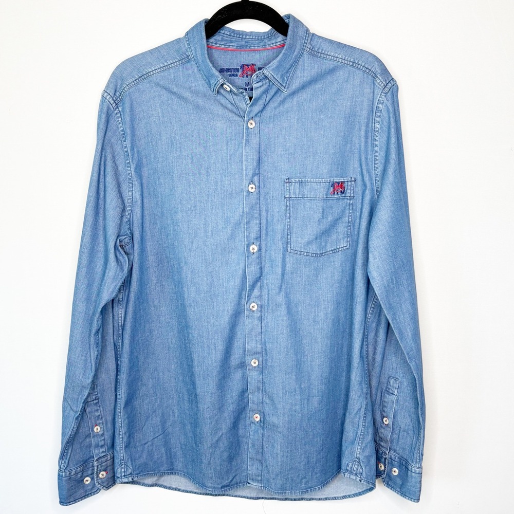 Johnston & Murphy Mens Medium Blue Chambray‎ Stretch Button Down Long Sleeve